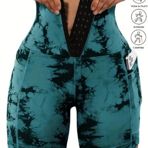 Women'S High-Waisted Yoga Shorts - Stretchy, Quick-Dry, Front Zipper & Pockets, Vibrant Teal Tie-Dye Design, Perfect for Spring/Fall Outdoor Activities, High Waisted Shorts