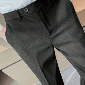 1pc Men'S Classic Striped Dress Pants, Polyester Slim Fit Business Casual Trousers with Zipper, Slight Stretch Woven Fabric, Regular Length Skinny Pants for Fall/Winter