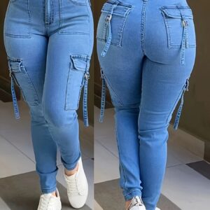 Women'S High-Stretch Skinny Cargo Jeans - Light Blue, Zipper Fly, Half Placket, All-Season Comfort, Casual Street Style, Casual Jeans|Casual Fit Jeans|Zippered Jeans