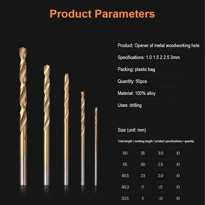 50pcs Titanium Coated High-Speed Steel Drill Bit Set - High-Quality 135° Point, Suitable for DIY Crafts, Woodworking, Engraving, and Jewelry Making, Sizes 1/25" to 1/8", Metal Cylindrical - Image 10