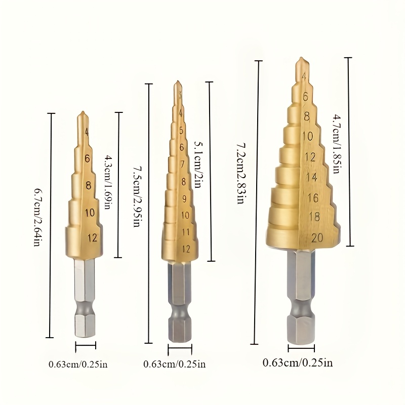 3pcs Titanium-Coated HSS Step Drill Bit Set, Corrosion-Resistant, Durable, for Wood & Metal Drilling, No Electricity Needed, Versatile Tool Kit - Image 4