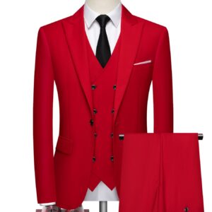 3pcs Men's Slim Fit Red Blazer Set - Elegant Business Casual Suit with Double-Breasted Jacket, Matching Pants & Vest, Elastic Waistcoat, Polyester - Perfect for Formal or Semi-Formal Occasions