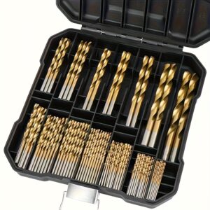 50pcs Titanium Coated High Speed Steel Drill Bits - High Quality 135° Point, Suitable for DIY Handcraft, Woodworking, Carving and Jewelry Making, Size 1/25" to 1/8", Metal Cylindrical
