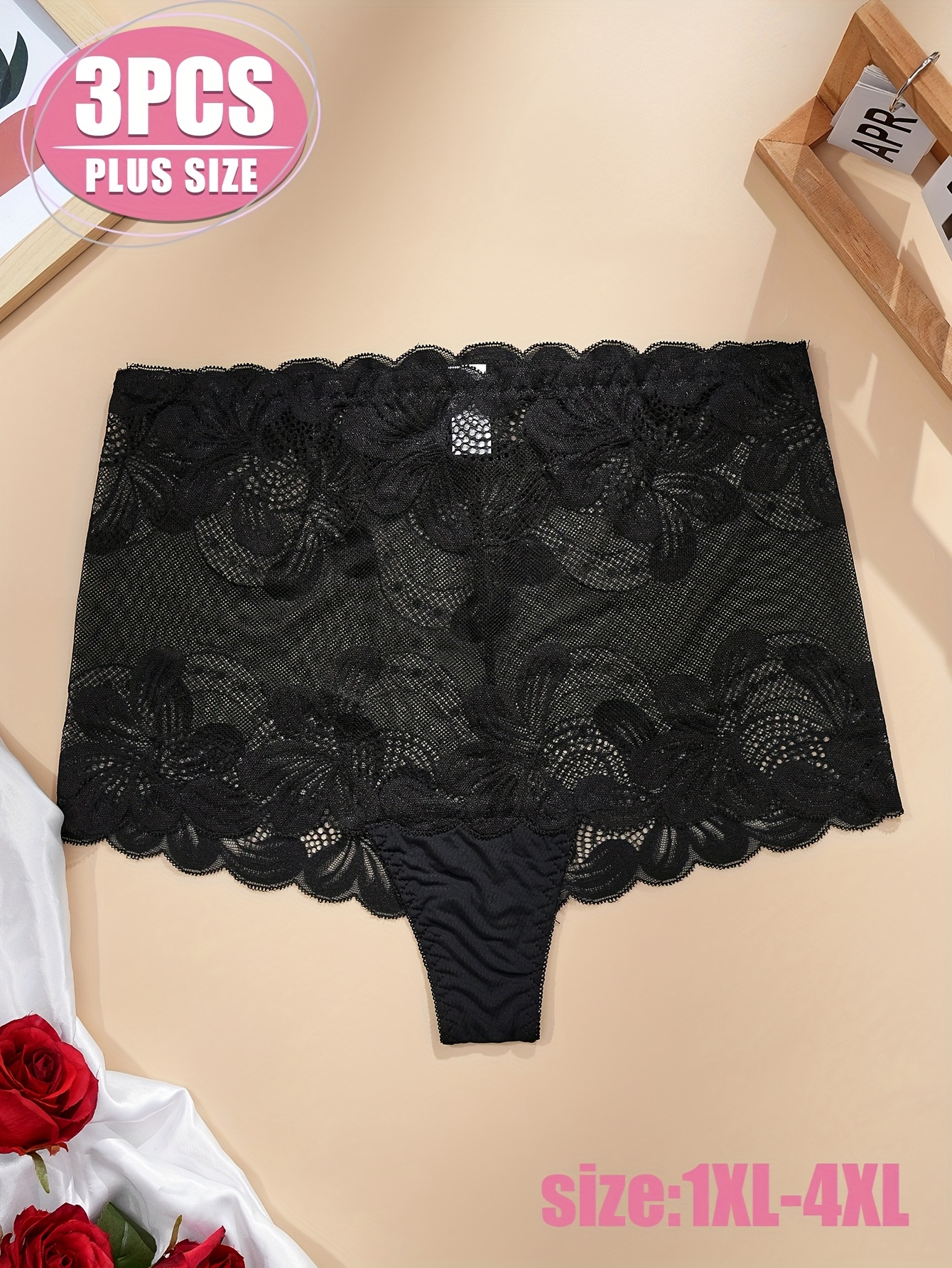 3pcs Plus Size Lace Thong Set for Women - High Stretch Comfort, Contrast Lace Detail, 1XL-4XL, White, Black, and Pink Options, Plus Size Lacewear | Lace Thong Set | Comfortable Fit, Plus Size Underwear - Image 4