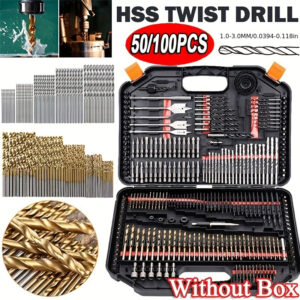 100/50pcs Titanium Coated HSS Drill Bit Set, High Speed Steel, Cylindrical Metal Drill Bits, Power Tool Accessories, No Electricity Needed