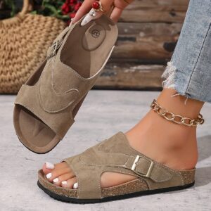 Unisex Cork Slide Sandals - Thick Sole, Non-Slip, Durable Summer Beach Shoes with Adjustable Buckle Strap, Open Toe Design for Indoor & Outdoor Use, Slipresistant Footwear | Decorative Chain Detail | Fabric Insole, Strappy Sandals