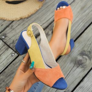 Women's Geometric Contrast Color Block Heel Sandals - Open Toe Ankle Strap with Buckle Closure, Cover Upper & Synthetic Cover Insole, High Block Heel for Casual & Party Wear, Casual Party Sandals | Buckle Strap Sandals | Rubber Sole Stability, High Heel Sandals