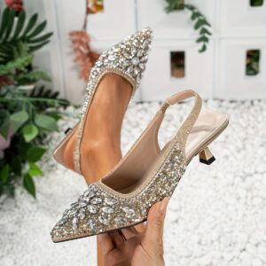 2025-3 Summer Women'S Elegant Luxury Sandals - Golden Sparkling Rhinestone Pointed Toe Kitten Heels with Ankle Strap, Perfect for Shopping, Parties, Commuting & Office Wear, Office Footwear | Sparkling Rhinestone Heels | Comfortable Heels