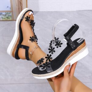 Women'S Elegant Black Floral Sandals with Clear Strap - Comfortable Wedge Heel, Open Toe Design, All-Season Footwear, Stylish Summer Sandals|Floral Embellished Sandals|Polyurethane Upper, Wedge Sandals