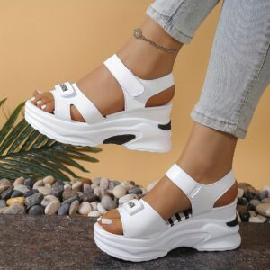 Women's Platform Wedge Sandals - Striped Synthetic Cover Open-Toe Beach Shoes with Adjustable Hook-and-Loop Back Strap, Thick Cushioned Sole for All-Season Casual & Formal Wear, Ladies Sandals