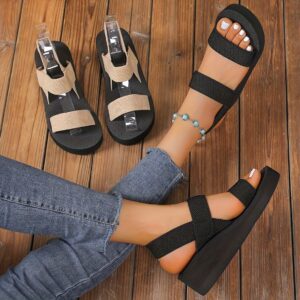 Women's Solid Color Casual Sandals, Platform Slip On Elastic Vacation Shoes, Comfort Wedge Beach Sandals