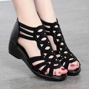 Women'S Soft Skin Roman Sandals - Black Open-Toe, Strappy, Block Heel Sandals with Sparkling Details, Summer Fashion for Casual and Formal Wear, Casual Footwear | Sparkling Sandals | Microfiber Upper, Sandals